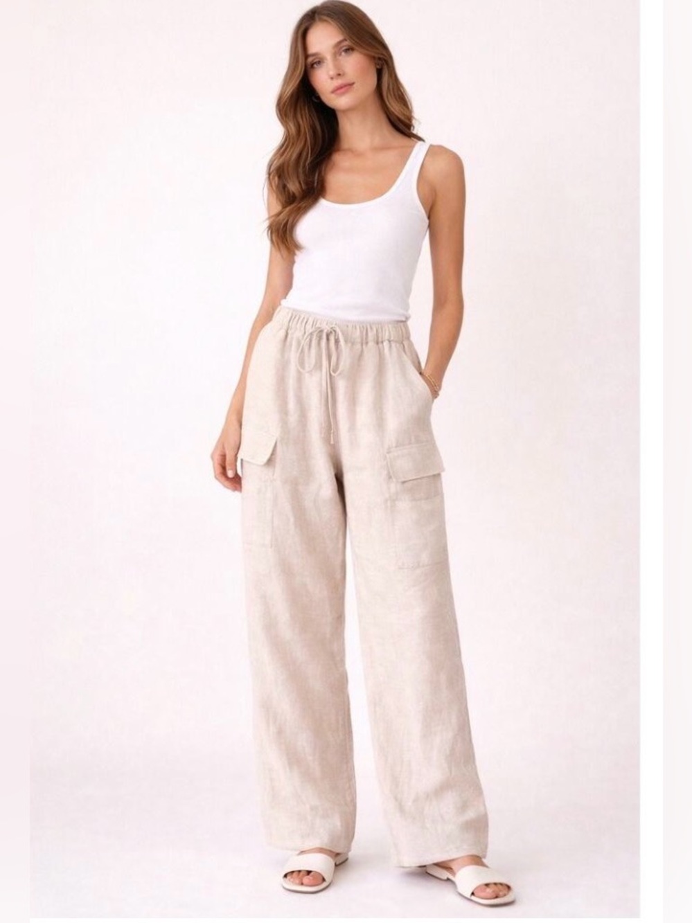 Reformation Ethan linen cargo pants in oat wide leg XL plus size